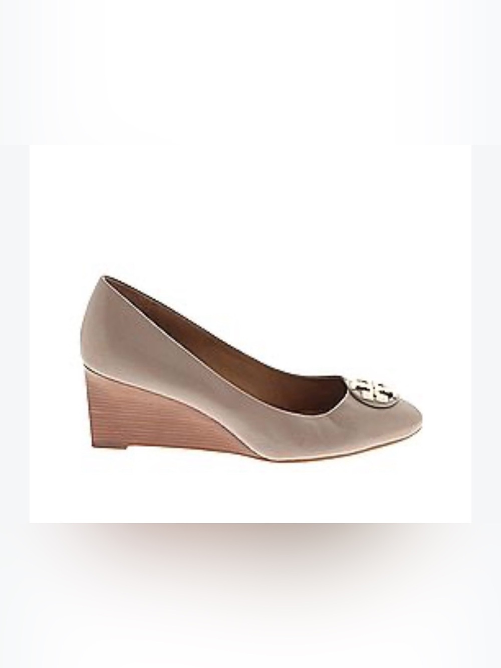 Tory Burch Sz 5 New Wedge Pump Taupe Leather Metallic Accent